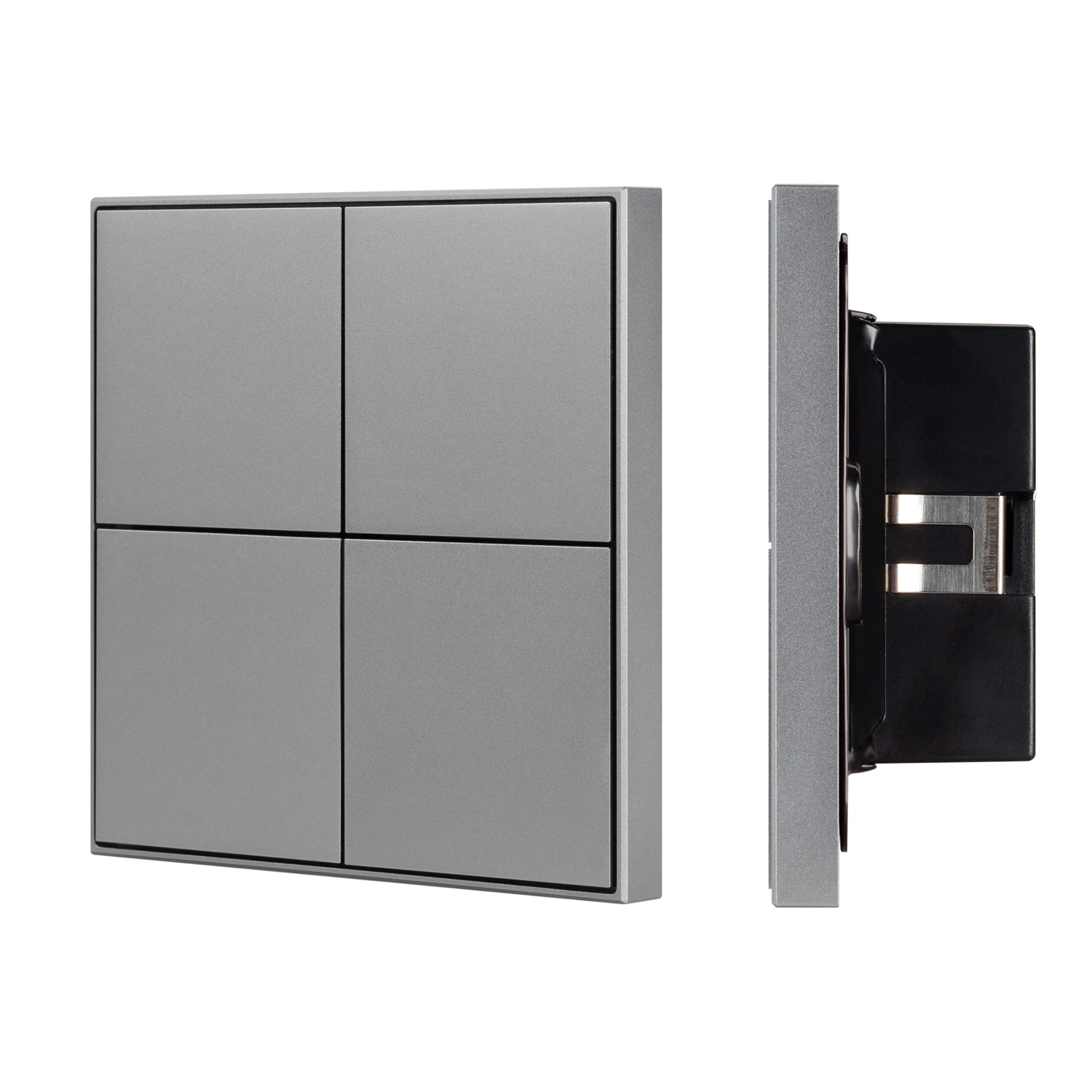 INTELLIGENT ARLIGHT Кнопочная панель KNX-304-23-IN Grey (BUS, Frame) 038402 - Универсальная многофункциональная встраиваемая настенная панель для систем KNX. 4 рокерные клавиши, 1 клавиша может выполнять функции 2-х клавиш. Тонкая рамка, материал - алюмин