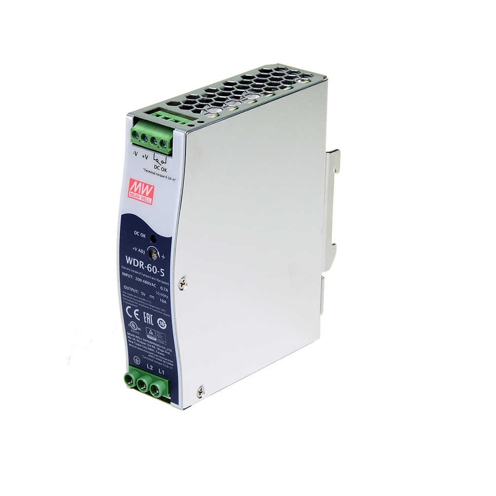 WDR-60-5 - Преобразователь AC-DC на DIN-рейку 50Вт, выход 5В/0…10A, рег. вых=5…6В, вход 180…550V AC, 47…63Гц /254…780V DC, изоляция 3000В AC, в кожухе 32х125.2х102мм, -30…+85°С