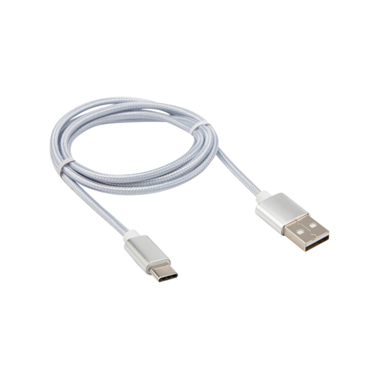 Шнур USB-Type-C - 2,4A.,нейлон,1метр, серебро.