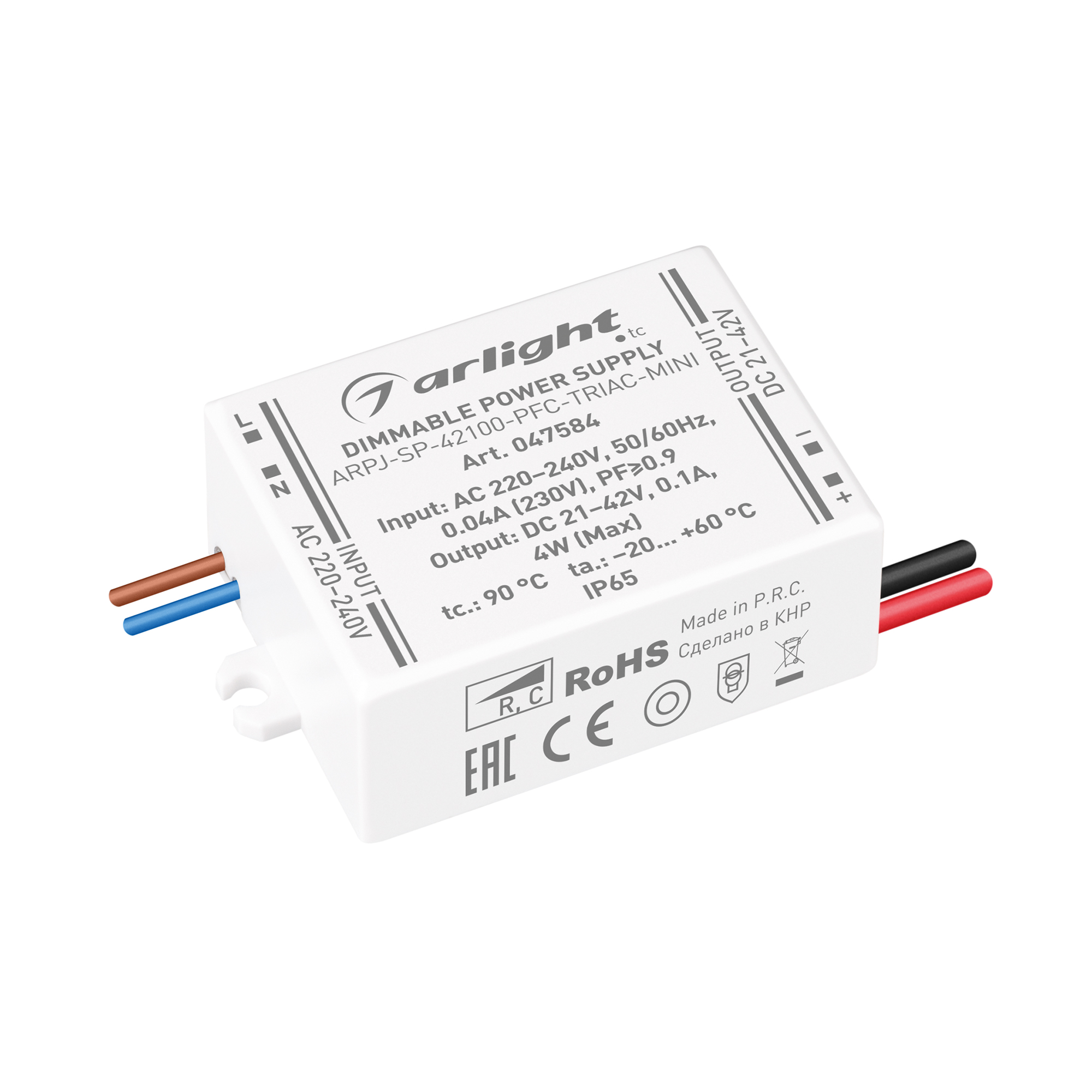 Блок питания ARPJ-SP-42100-PFC-TRIAC-MINI (4W, 21-42V, 100mA) 047584 - Диммируемый источник тока по стандарту TRIAC с гальванической развязкой для светильников и мощных светодиодов. Входное напряжение 220-240 VAC. Выходные параметры: 21-42 В, 100 mА, 4 Вт