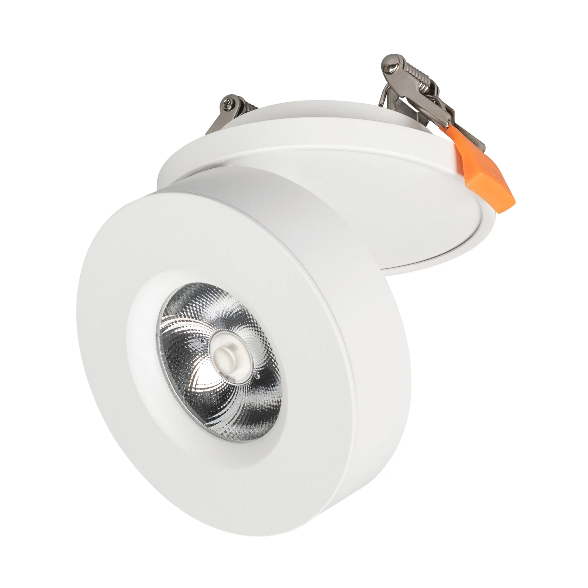 Светильник LGD-MONA-BUILT-R100-12W Warm3000 (WH, 24 deg) 025450 - Встраиваемый поворотный откидной светильник для потолка, 12Вт. Цвет ТЕПЛЫЙ 3000K, св.поток 800лм, CRI(Ra)>90, угол 24°. Угол поворота 355°, угол наклона 90°. Корпус круглый, белый алюминий,