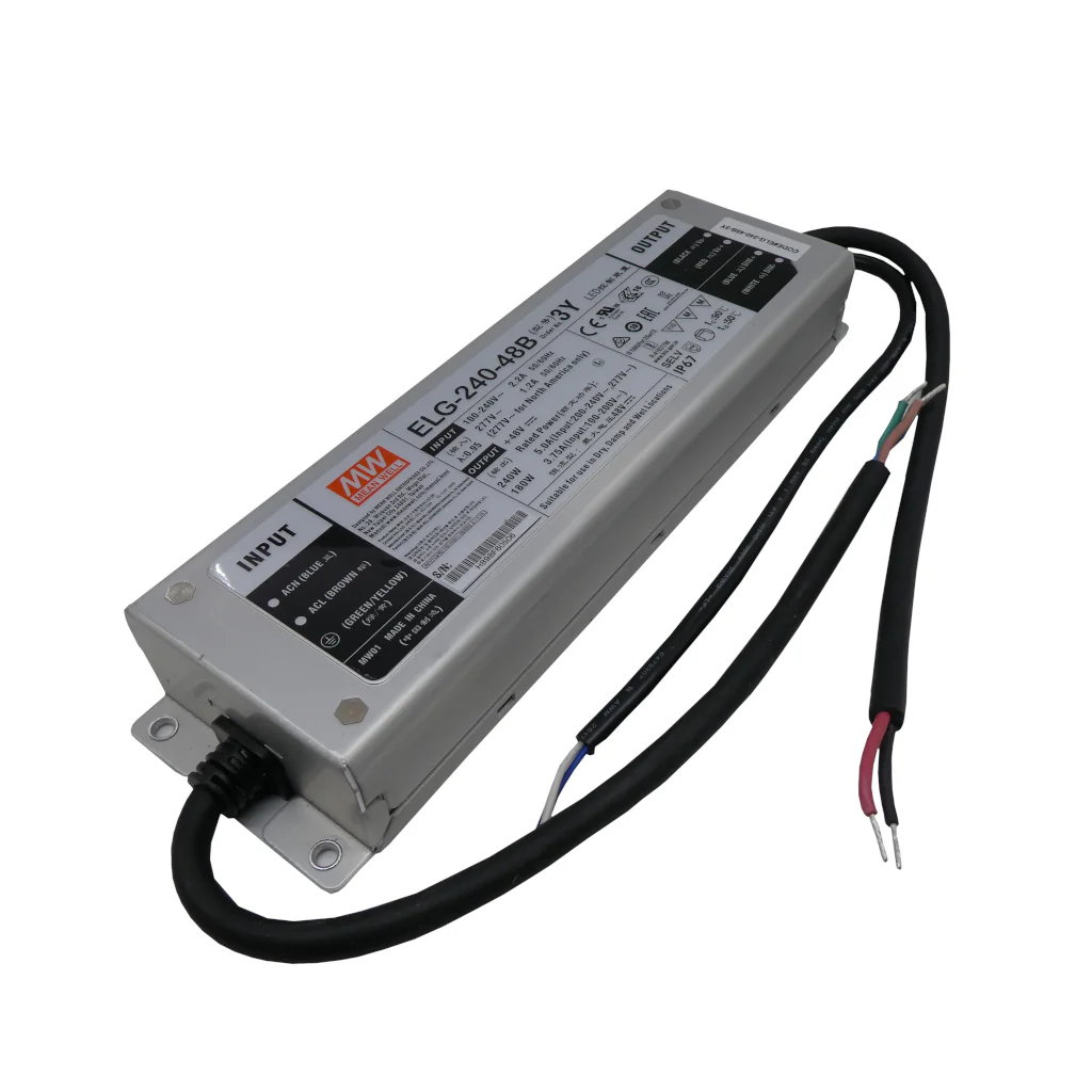 ELG-240-48B-3Y - AC-DC, 240Вт, IP67, вход 100…305В AC, 47…63Гц/142…431В DC, ККМ, выход 24...48В/5А, изоляция 3750В AC, в кожухе 244х71х37.5мм, -40…+85°С (корпус), димминг 3 в 1, провод заземления