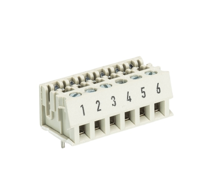 Клемма Wiecon LPSTL 1 / 6 - Клемма на торец платы, для соединения печатных плат, подвод кабеля сбоку, 6 полюсов, шаг: 5 мм, винтовая фиксация провода, с маркировкой, 250V, 5A, цвет: серый, серия LPST L1