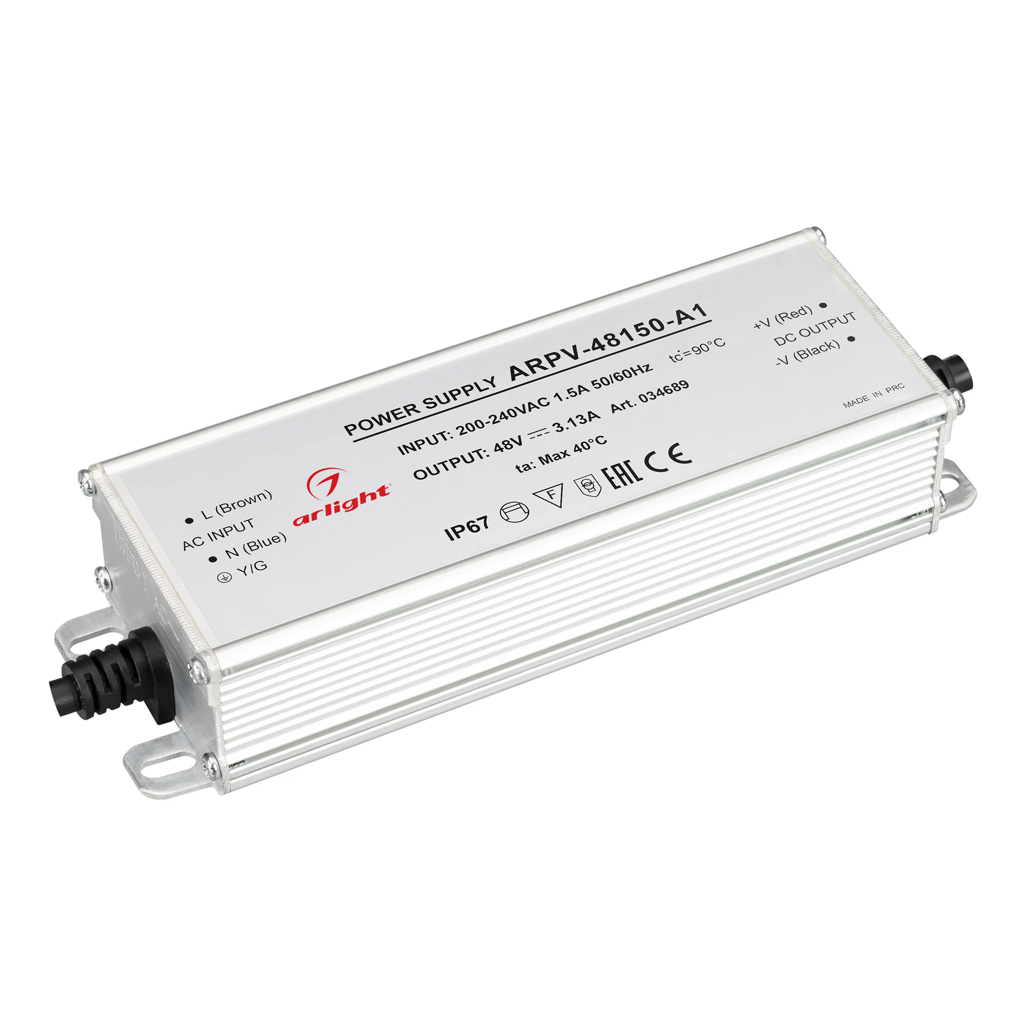 Блок питания ARPV-48150-A1 (48V, 3.13А, 150W) 034689 - Источник напряжения с гальванической развязкой для светодиодных изделий. Входное напряжение 200-240 VAC. Выходные параметры: 48 В, 3.13 А, 150 Вт. Встроенный PFC >0.5. Герметичный алюминиевый корпус I