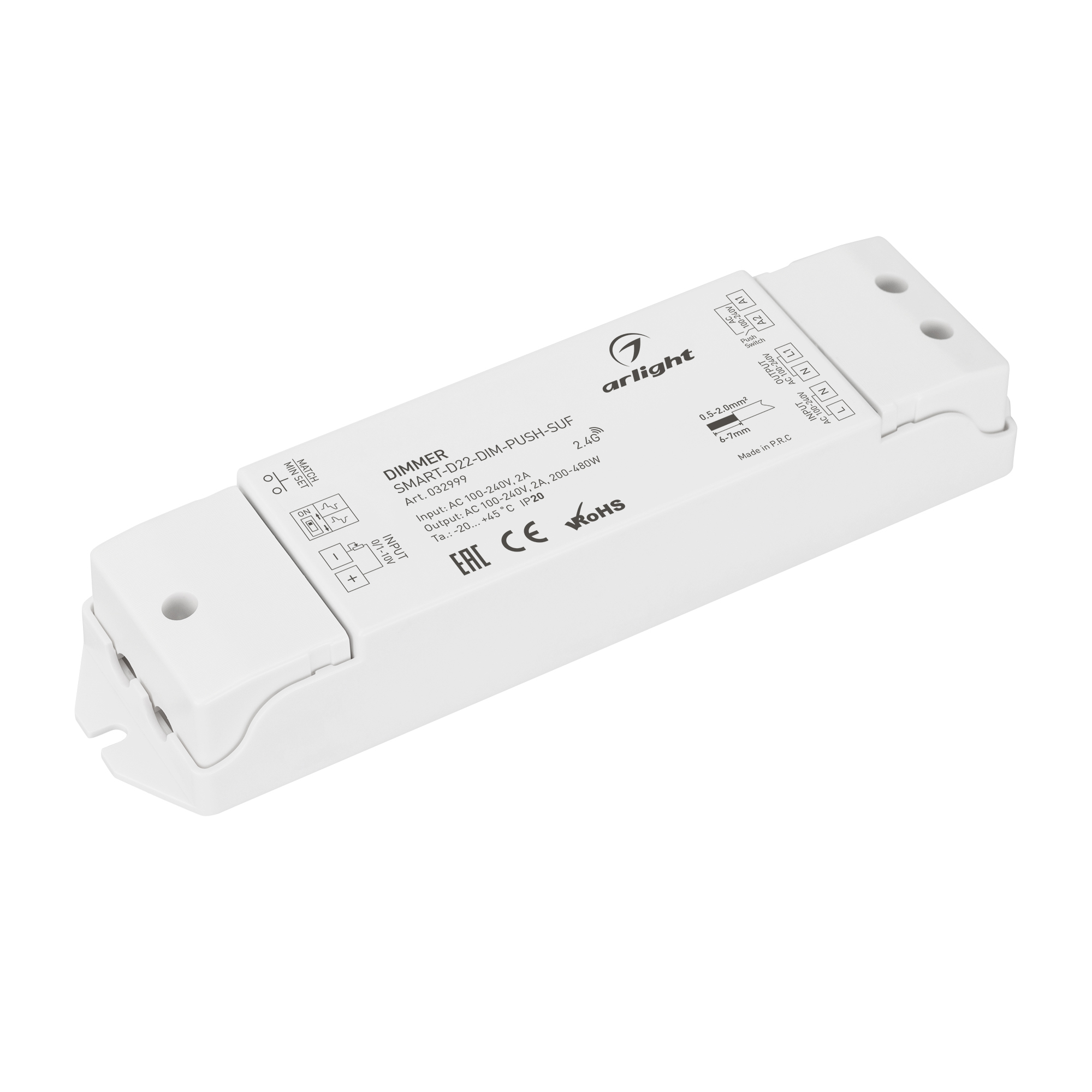 Диммер SMART-D22-DIM-PUSH-SUF (230V, 2A, TRIAC, 2.4G) 032999 - TRIAC диммер, для управления яркостью классических ламп накаливания и галогенных ламп. Поддерживает функцию Push-Dim. Питание/рабочее напряжение 100-240VDC, выходной ток 2А, выходная мощность 