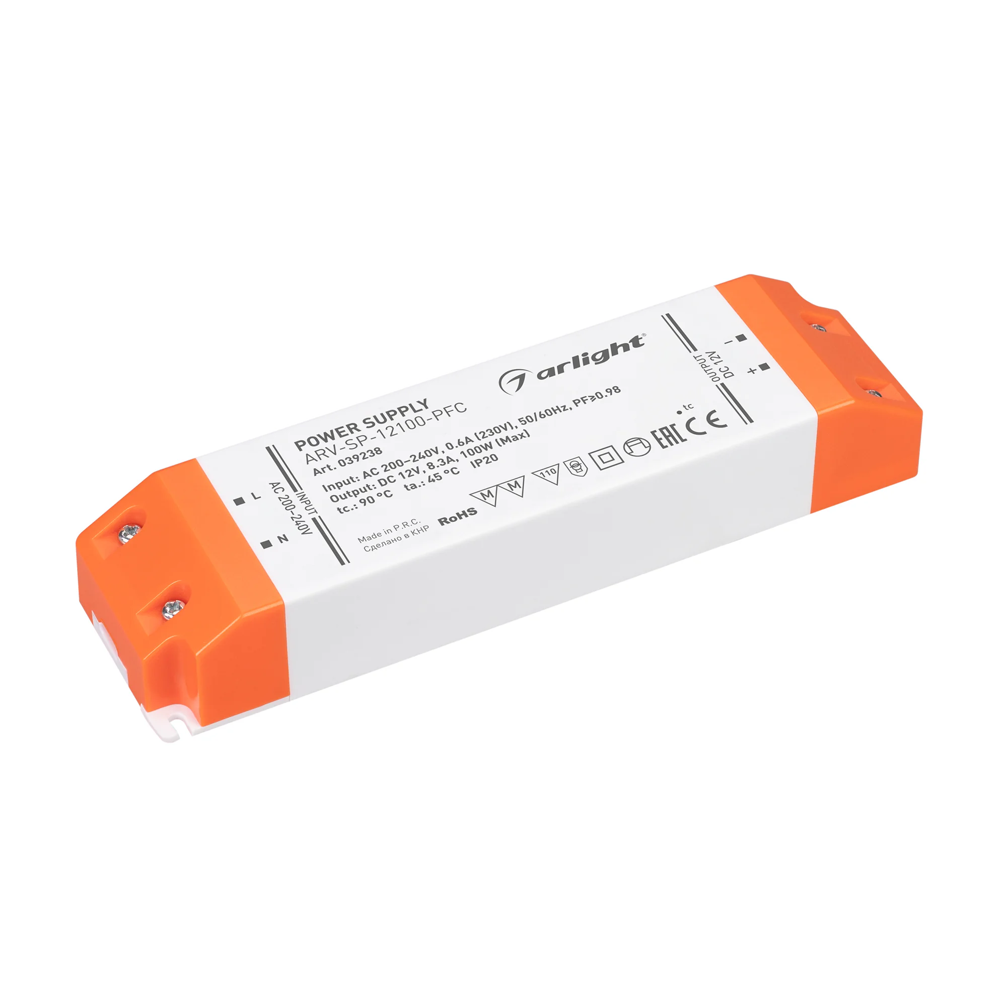 Блок питания ARV-SP-12100-PFC (12V, 8.3A, 100W) 039238 - Источник напряжения с гальванической развязкой для светодиодных изделий. Входное напряжение 200-240 VAC. Выходные параметры: 12 В, 8.3 А, 100 Вт. Встроенный PFC >0.9. Негерметичный пластиковый корпу