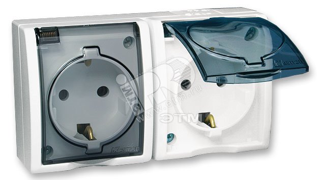 Розетка 2-м ОП 5 16А IP54 250В с заземл. Schuko защ. шторки с крышкой винт. клеммы бел. 1594443-030