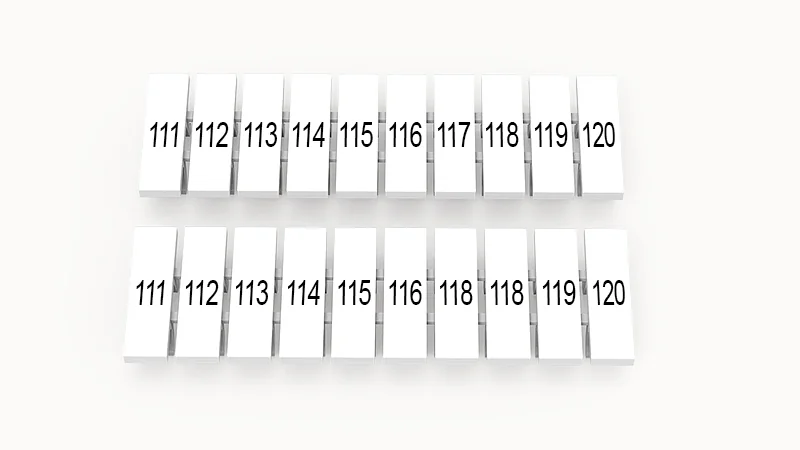 Марк.  полоска ZB3.5-10P-19-21Z(H) - Маркировочные шильдики для клемм DS…, сечением 1,5 мм кв., центральная, 10 шильдиков нанесенные символы: 111-120, с вертикальным расположением, размер шильдика: 2,95х10,7 мм, цвет белый