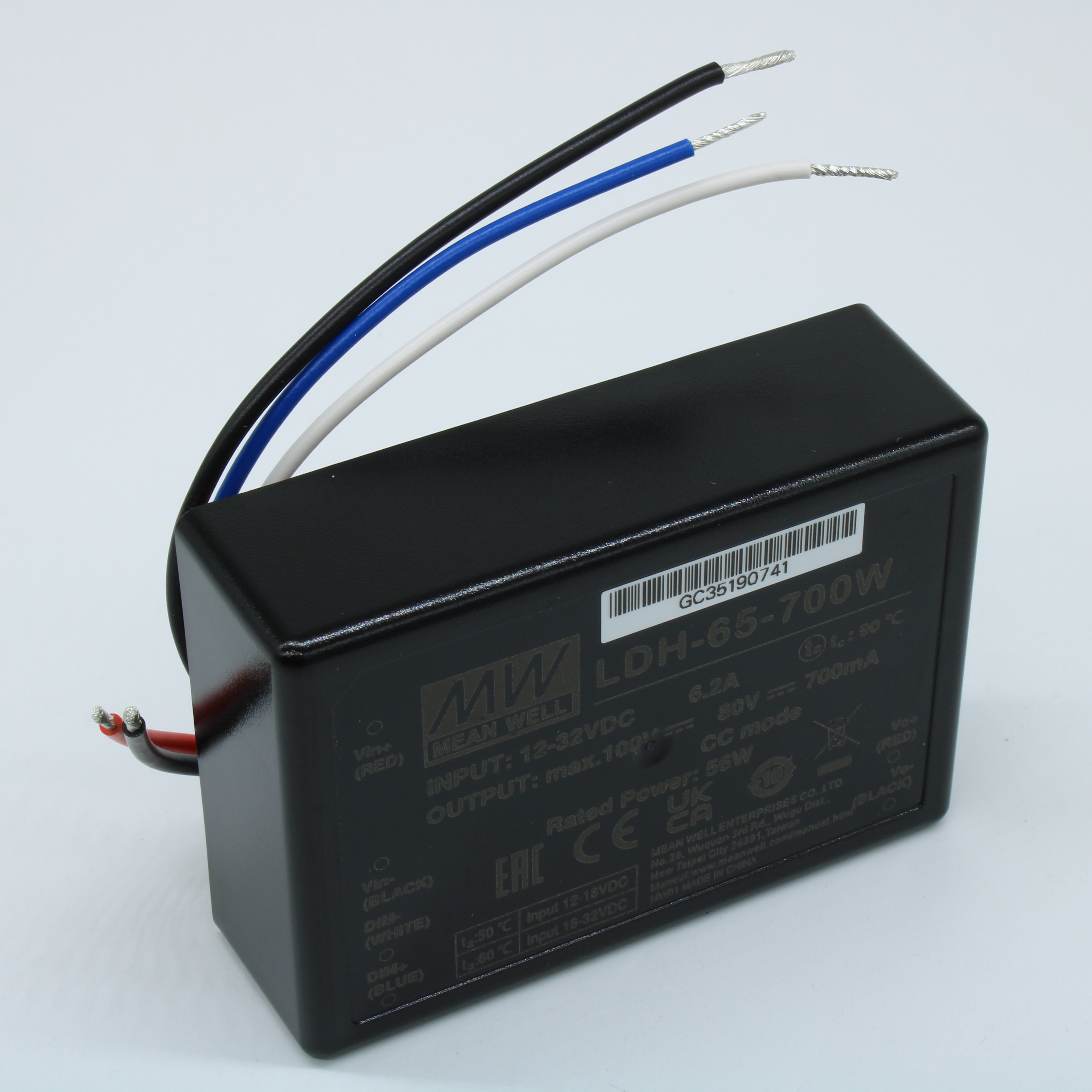 LDH-65-700W - DC/DC LED повышающий, вход 9.5…32В, выход 12.5…80В/0.7А, КПД до 95%, DIMM, 75x53x22.7мм, проводные выводы, -40…50/60°C, пластик