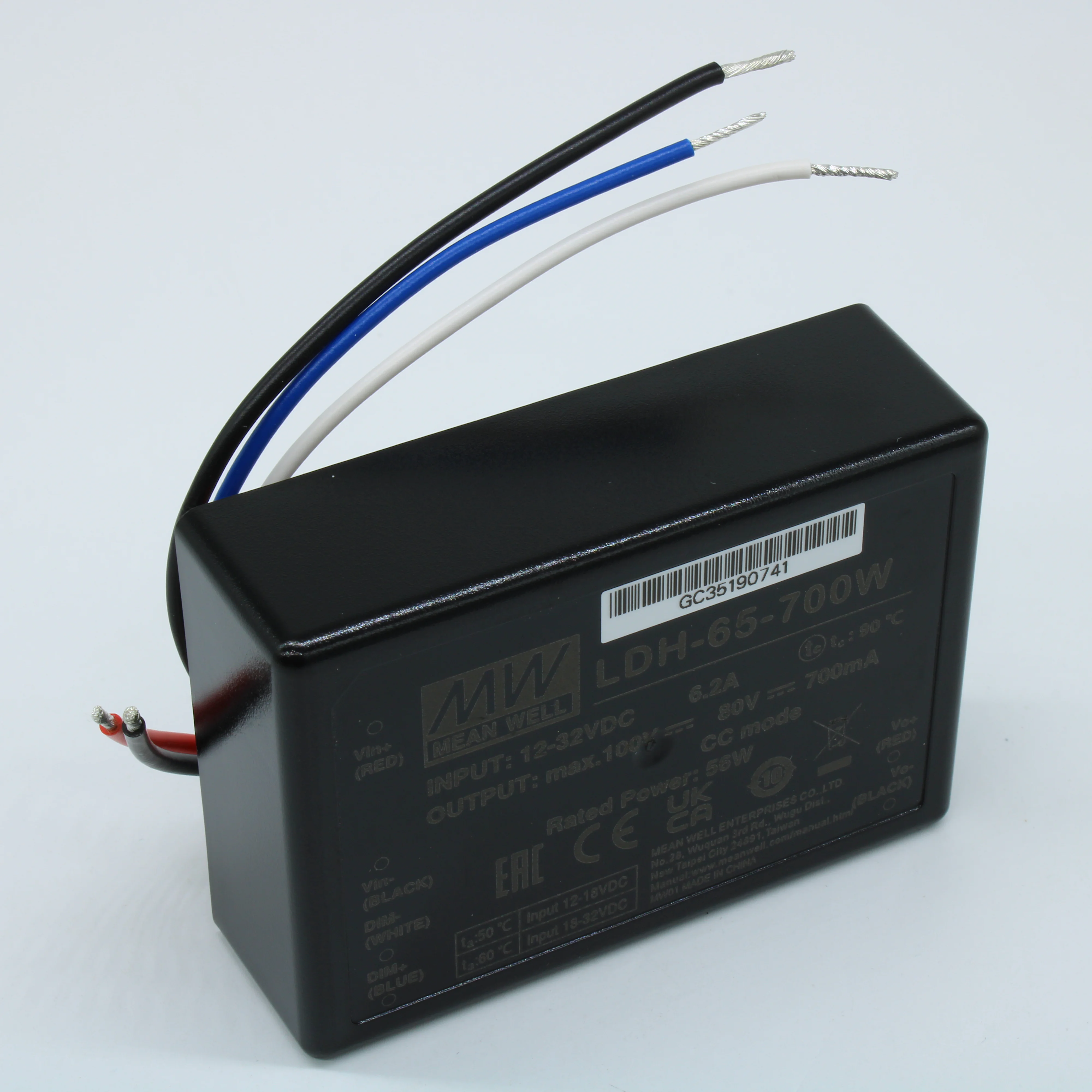 LDH-65-700W - DC/DC LED повышающий, вход 9.5…32В, выход 12.5…80В/0.7А, КПД до 95%, DIMM, 75x53x22.7мм, проводные выводы, -40…50/60°C, пластик