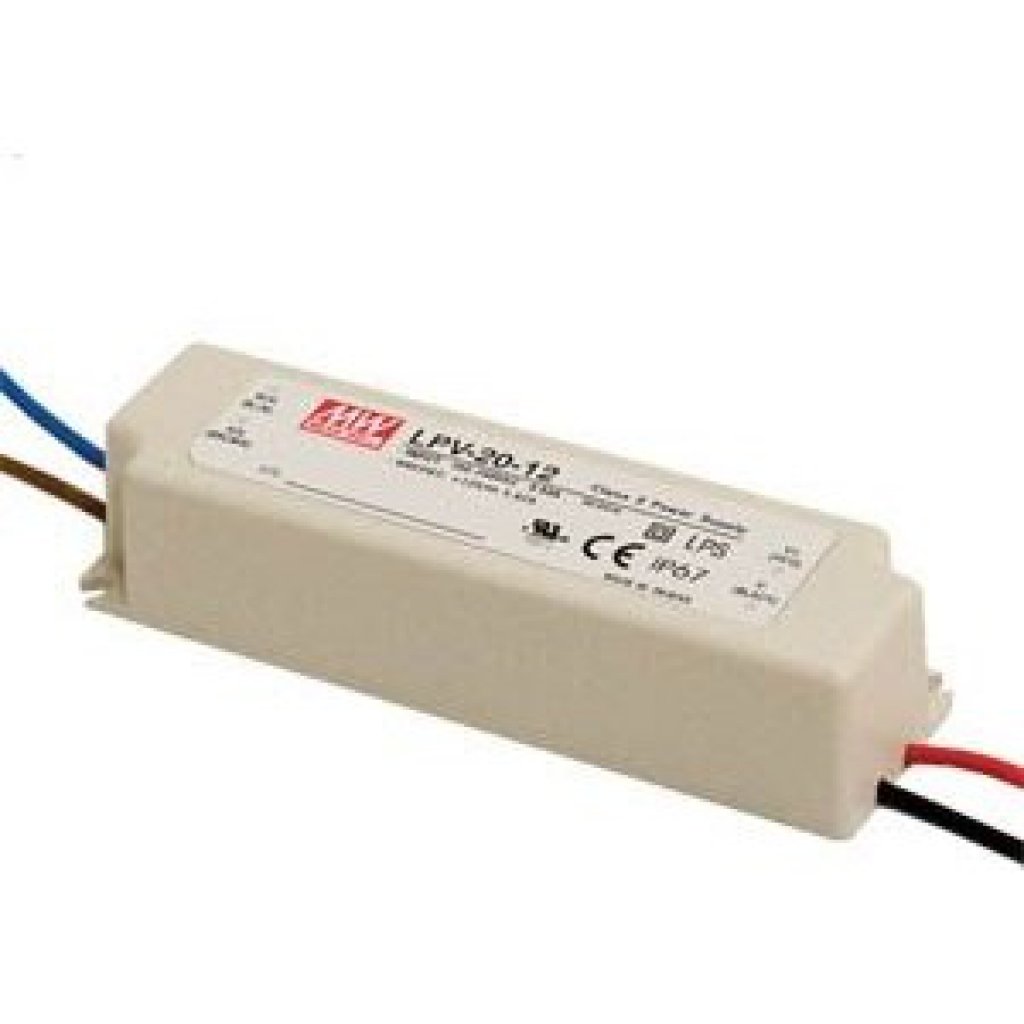 LPV-20-12 - AC-DC, 20Вт, IP67, вход 90…264В AC, выход 12В/1.67A, изоляция 3000В AC, в кожухе 118х35х26мм, -30…+70°С