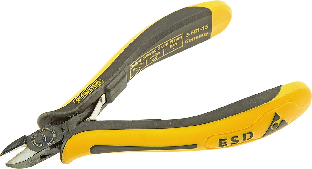 3-651-15 - Антистатические бокорезы серии Euroline с двухцветным эргономичным упругим покрытием рукояток из антискользящей резины, для мягкого провода до 0,6 мм, округлые губки, плоский срез, длина 120 мм