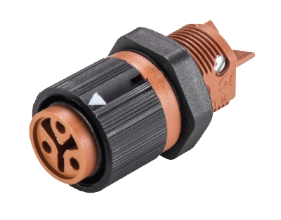 Разъем  RST16I3 S B1 M02 L BR - Розеточный разъем в панель М16, IP68(69k), 3 полюса, цвет: коричневый, номинальные характеристики: ~50/-120V 16A, серия gesis RST MINI