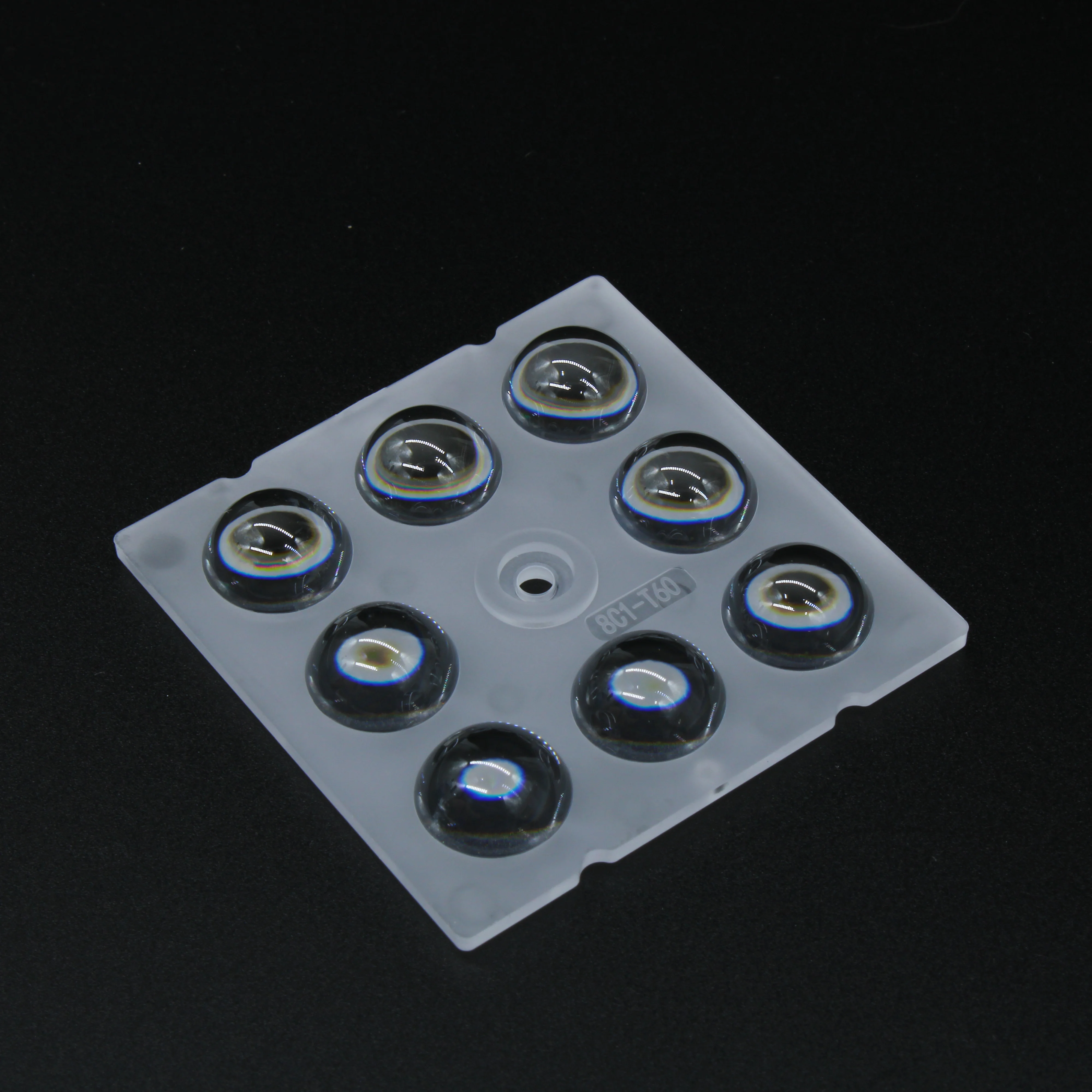 AJHB50D8LED60G - Групповая квадратная линза на 8 светодиодов 5050/3535/3030 , эфф=89%, ~60°,  50x50mm   H:7.5mm, PC
