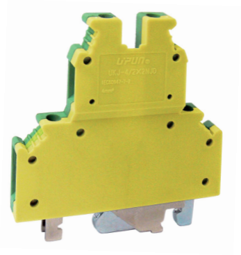 Заземляющая клемма UKJ-4/2X2NJD - Заземляющая этажная клемма, тип фиксации провода: винтовой, номинальное сечение: 4 мм кв., ширина: 6,2 мм, цвет: желто-зеленый, тип монтажа: DIN 35