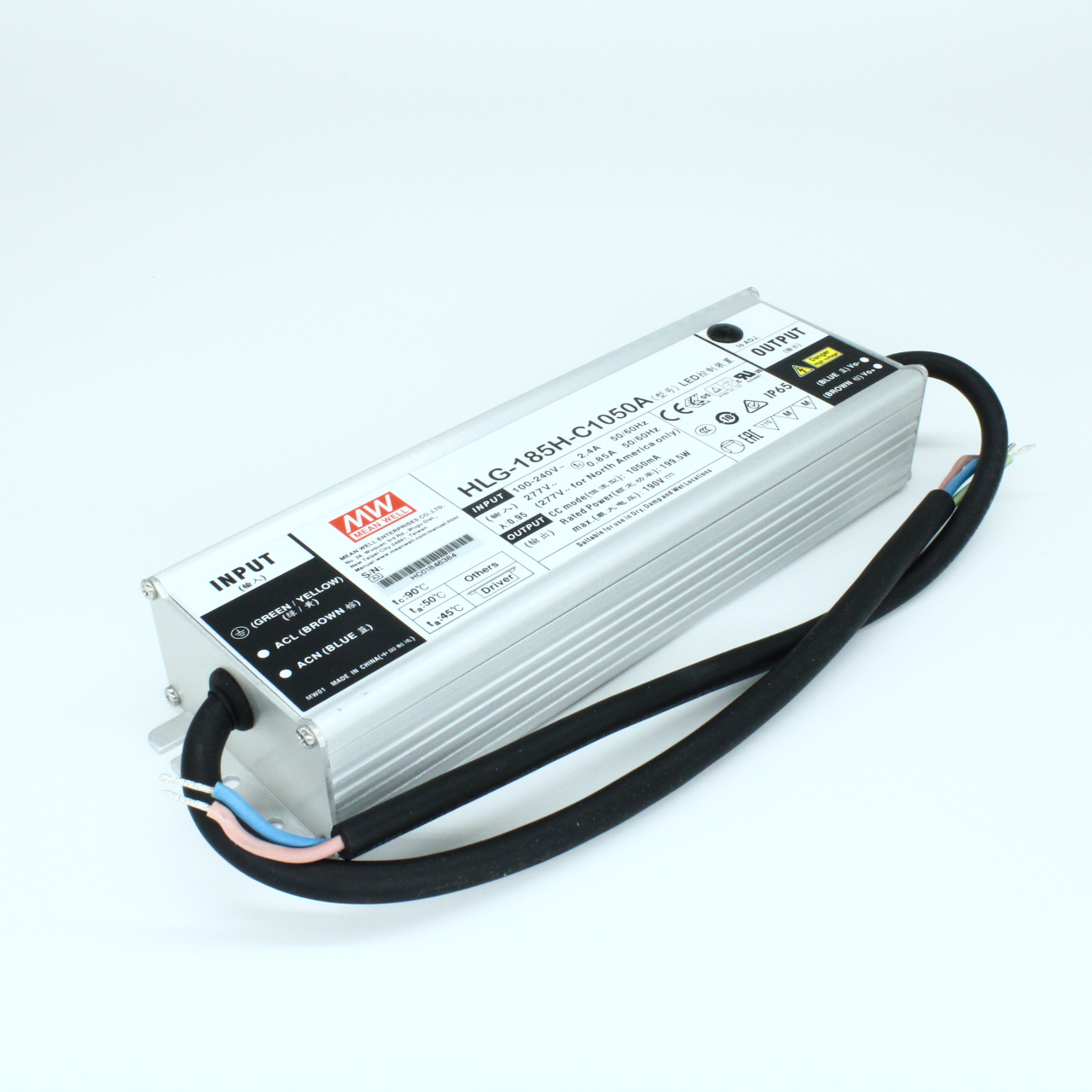 HLG-185H-C1050A - AC-DC, 200Вт, IP65, вход 90…305В AC, 47…63Гц/127…431В DC, ККМ, выход 95…190В/1050мА, рег. выход 525…1050мА, изоляция 3750В AC, в кожухе 228х68х39, -40…+70°С