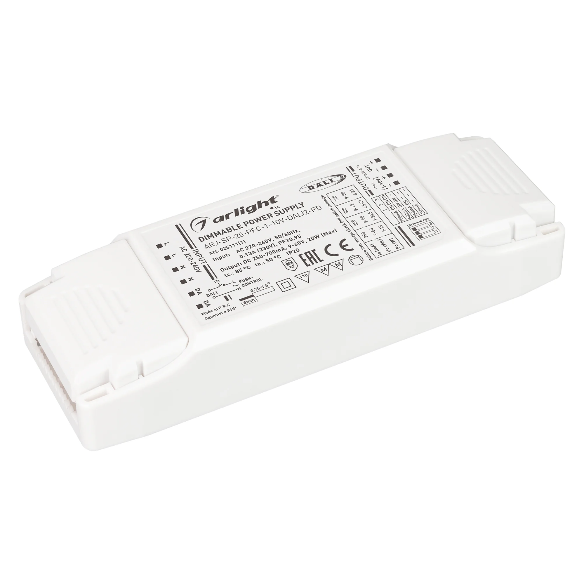 Блок питания ARJ-SP-20-PFC-1-10V-DALI2-PD (20W, 250-700mA) 025111(1) - Диммируемый источник тока по протоколу DALI 2.0 (диапазон 2-100%), стандарту 1-10 В (диапазон 2-100%) с гальванической развязкой для светильников и мощных светодиодов. Входное напряжен