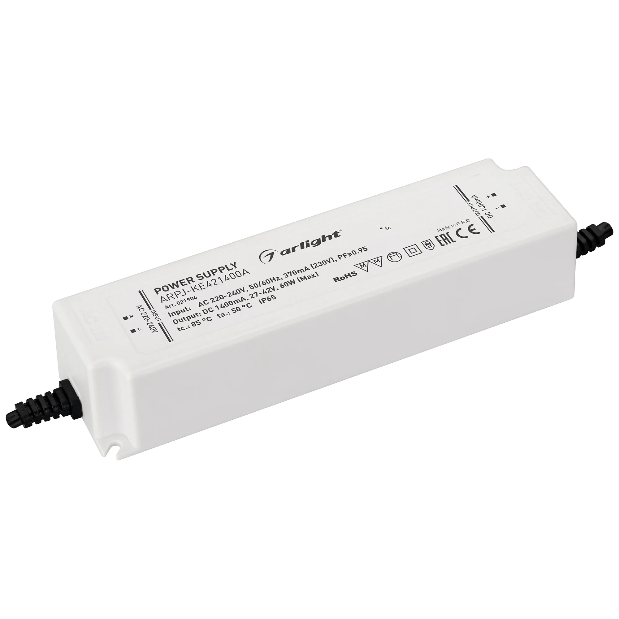 Блок питания ARPJ-KE421400A (60W, 1400mA, PFC) 021904 - Источник тока с гальванической развязкой для светильников и мощных светодиодов. Входное напряжение 220-240 VAC. Выходные параметры: 27-42 В, 1400 mА, 60 Вт. Встроенный PFC >0.95. Герметичный пластико