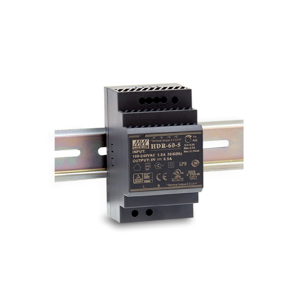 HDR-60-5 - AC-DC, 54Вт, вход 85...264 В AC 47...63Гц/120...370В DC, выход 5В/6.5А, изоляция 3000В AC, в кожухе на DIN-рейку, 52.5х90х54.5мм, -30...+70°С