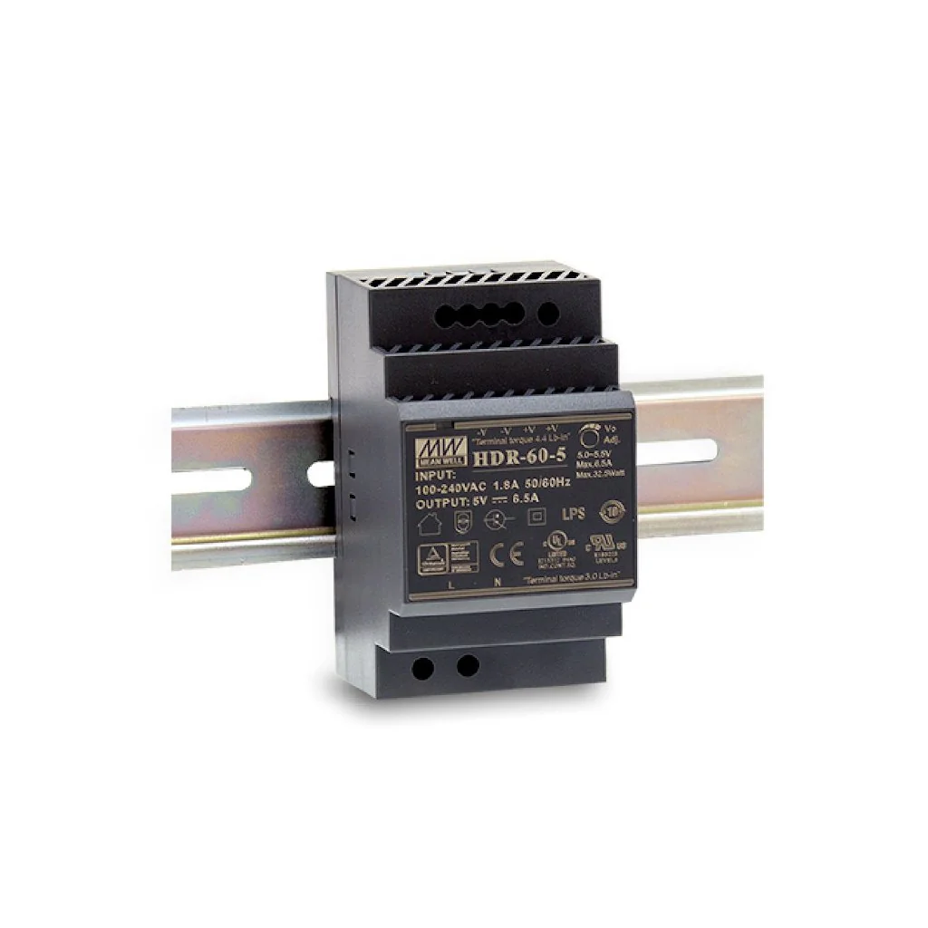 HDR-60-5 - AC-DC, 54Вт, вход 85...264 В AC 47...63Гц/120...370В DC, выход 5В/6.5А, изоляция 3000В AC, в кожухе на DIN-рейку, 52.5х90х54.5мм, -30...+70°С
