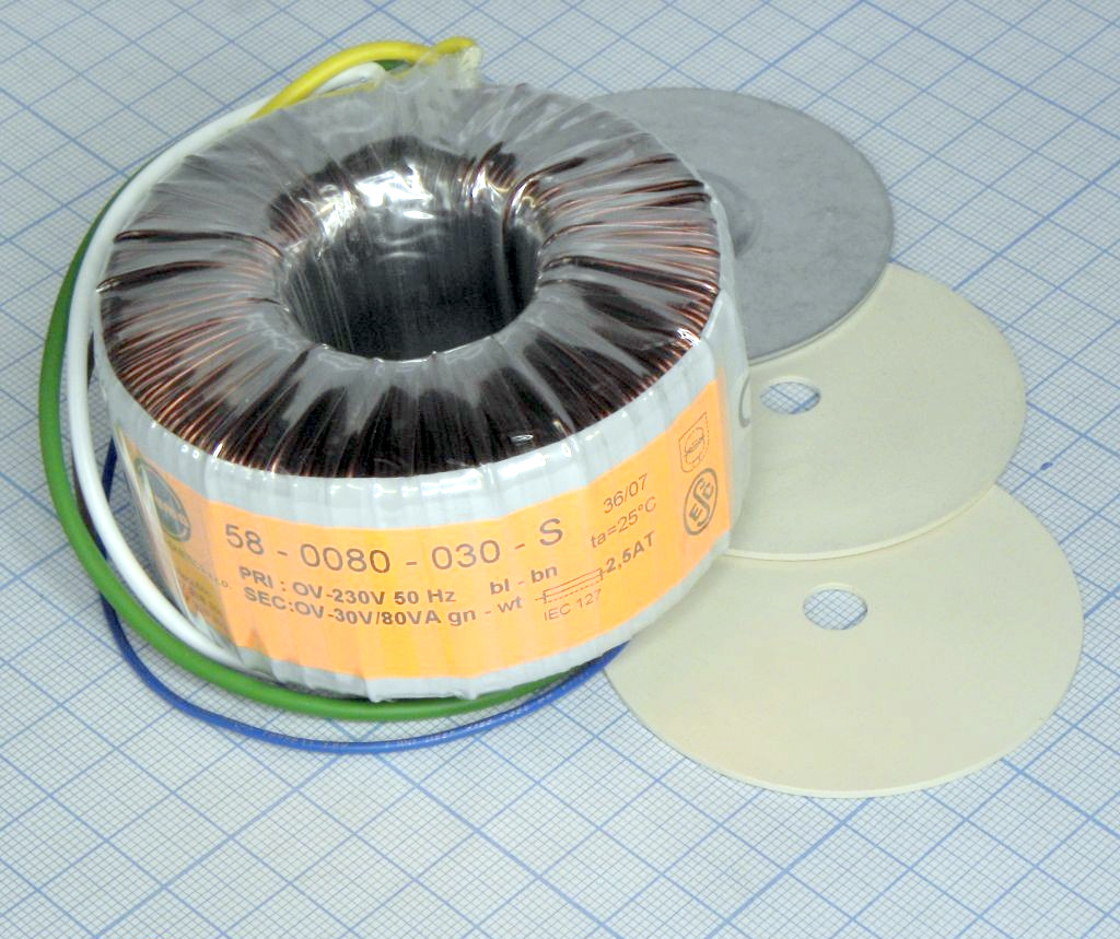 58-0080-030-S - Тороидальный трансформатор 80ВА 230В 30В 2,667A (80x44мм)