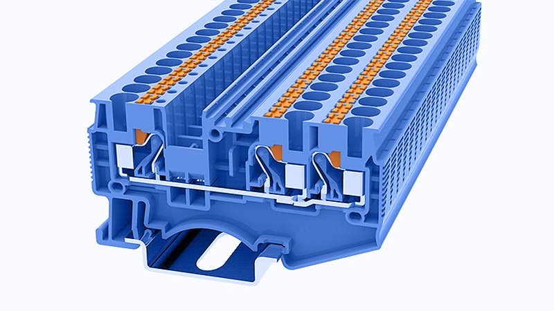 Проходная клемма DS4-TW-01P-12 - Проходная клемма, 3 точки подключения, тип фиксации провода: Push-in, номинальное сечение: 4 мм кв., 32A, 800V, ширина: 6,2 мм, цвет: синий, втычная перемычка, тип монтажа: DIN35