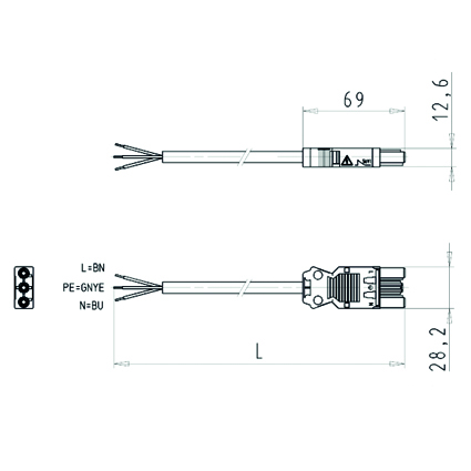 Cоединитель G0.000.0086.4 - Кабельная сборка, оконеченная розеточным разъемом GST18i3, и свободным концом, 3 полюса, длина кабеля: 0,3 метра, сечение жил кабеля: 3х1,5 мм.кв., номинальное напряжение: 250V, номинальный ток: 16А, цвет разъема: красный, цвет