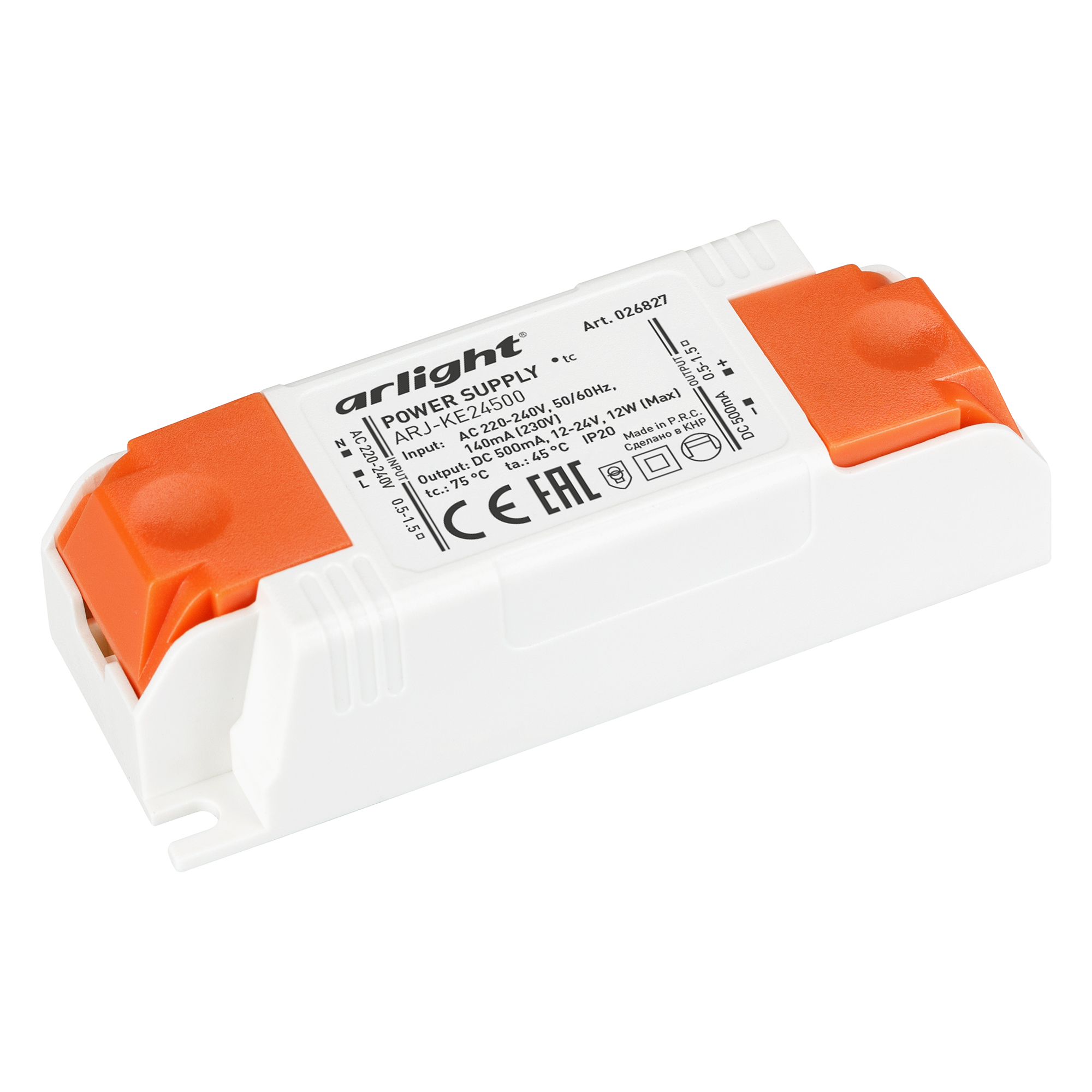 Блок питания ARJ-KE24500 (12W, 500mA) 026827 - Источник тока с гальванической развязкой для светильников и мощных светодиодов. Входное напряжение 220-240 VAC. Выходные параметры: 12-24 В, 500 mА, 12 Вт. Встроенный PFC >0.5. Негерметичный пластиковый корпу