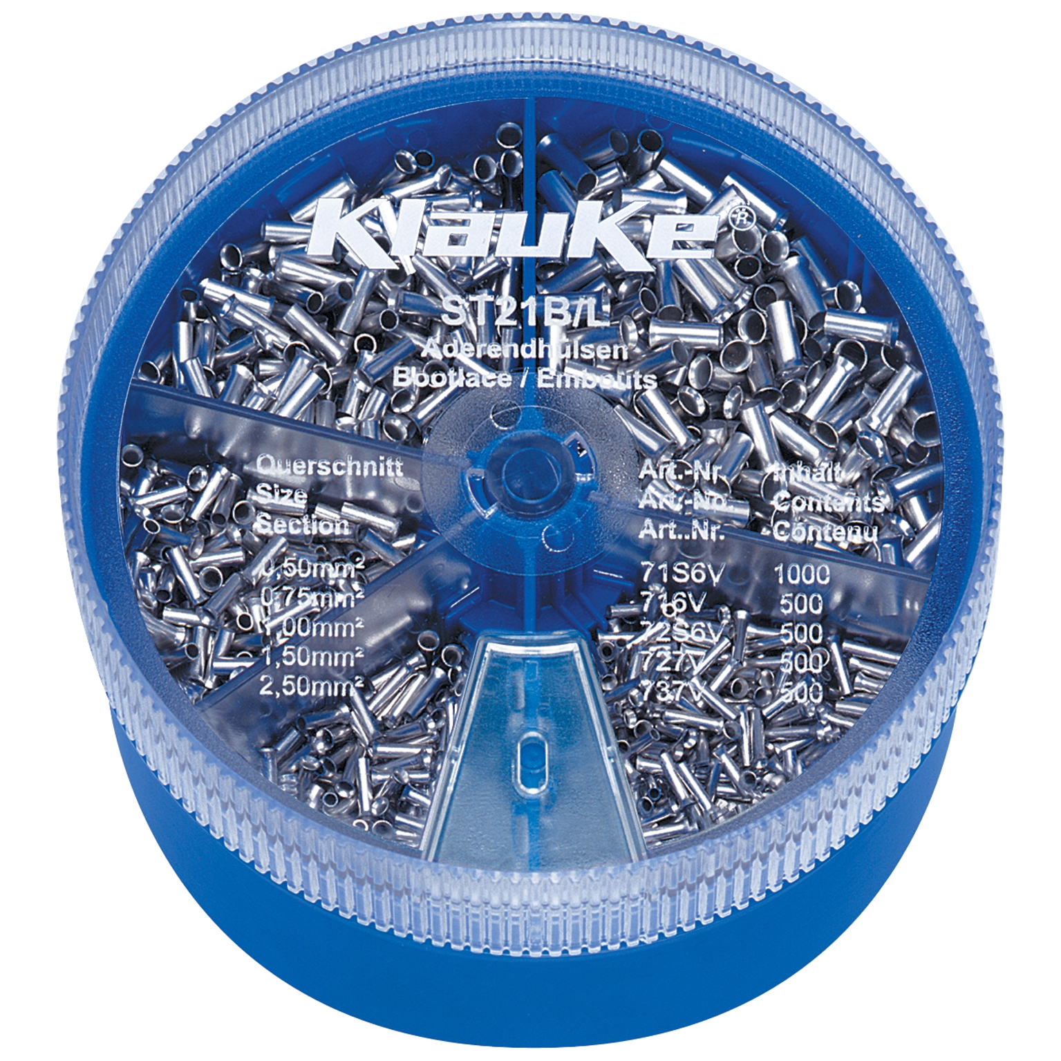 klkST21B - ST21B Пластиковый контейнер с неизолированными втулочными наконечниками ( 5 видов, от 0,5 до 2,5 мм2)