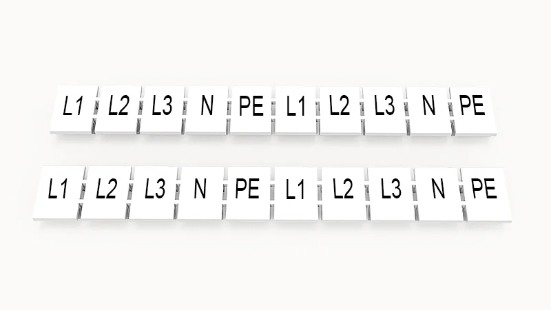 Марк.  полоска ZB8-10P-19-228Z(H) - Маркировочные шильдики для клемм WS…, DC…, PC…, сечением 6 мм кв., центральная, 10 шильдиков нанесенные символы: L1 L2 L3 N PE L1 L2 L3 N PE, с вертикальным расположением, размер шильдика: 7,45х10,7 мм, цвет белый