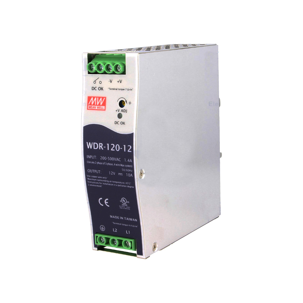 WDR-120-12 - Преобразователь AC-DC на DIN-рейку  120Вт, выход 12В/0…10A, рег. вых=12…15В, вход 180…550V AC, 47…63Гц /254…780V DC, изоляция 3000В AC, в кожухе  40х125.2х113,5мм, -25…+70°С