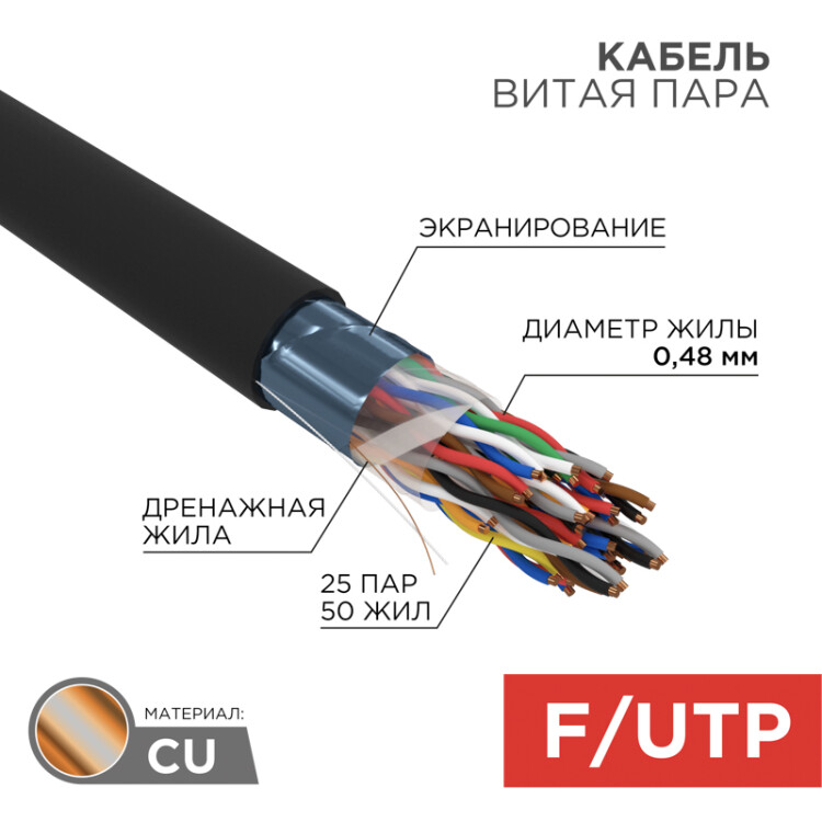 Кабель FTP 25PR 24AWG, CAT5, нару - внешний экранированный многопарный одножильный, бухта 305м