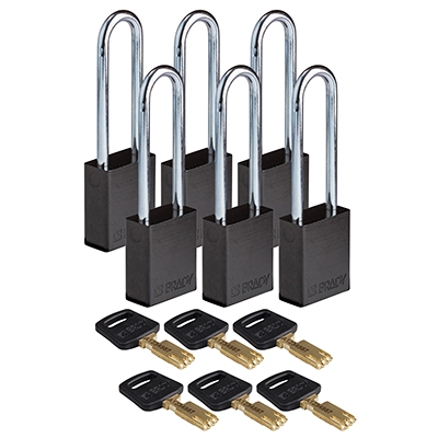 gws150216 - Замки SafeKey алюминиевые со стальной дужкой, высота дужки – 76 мм, диаметр дужки – 6.4 мм, алюминиевый корпус, размеры корпуса – 46х38х19 мм, цвет – черный, 6 шт/упак