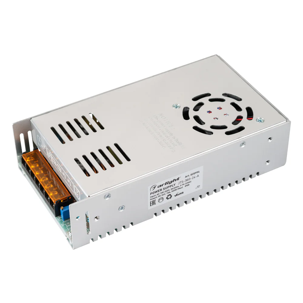 Блок питания JTS-360-24-A (0-24V, 15A, 360W) 025994 - Регулируемый источник напряжения с гальванической развязкой для светодиодных изделий. Входное напряжение 88-264 VAC. Выходные параметры: 0-28.5 В, 15 А, 360 Вт. Встроенный PFC >0.5. Негерметичный алюми