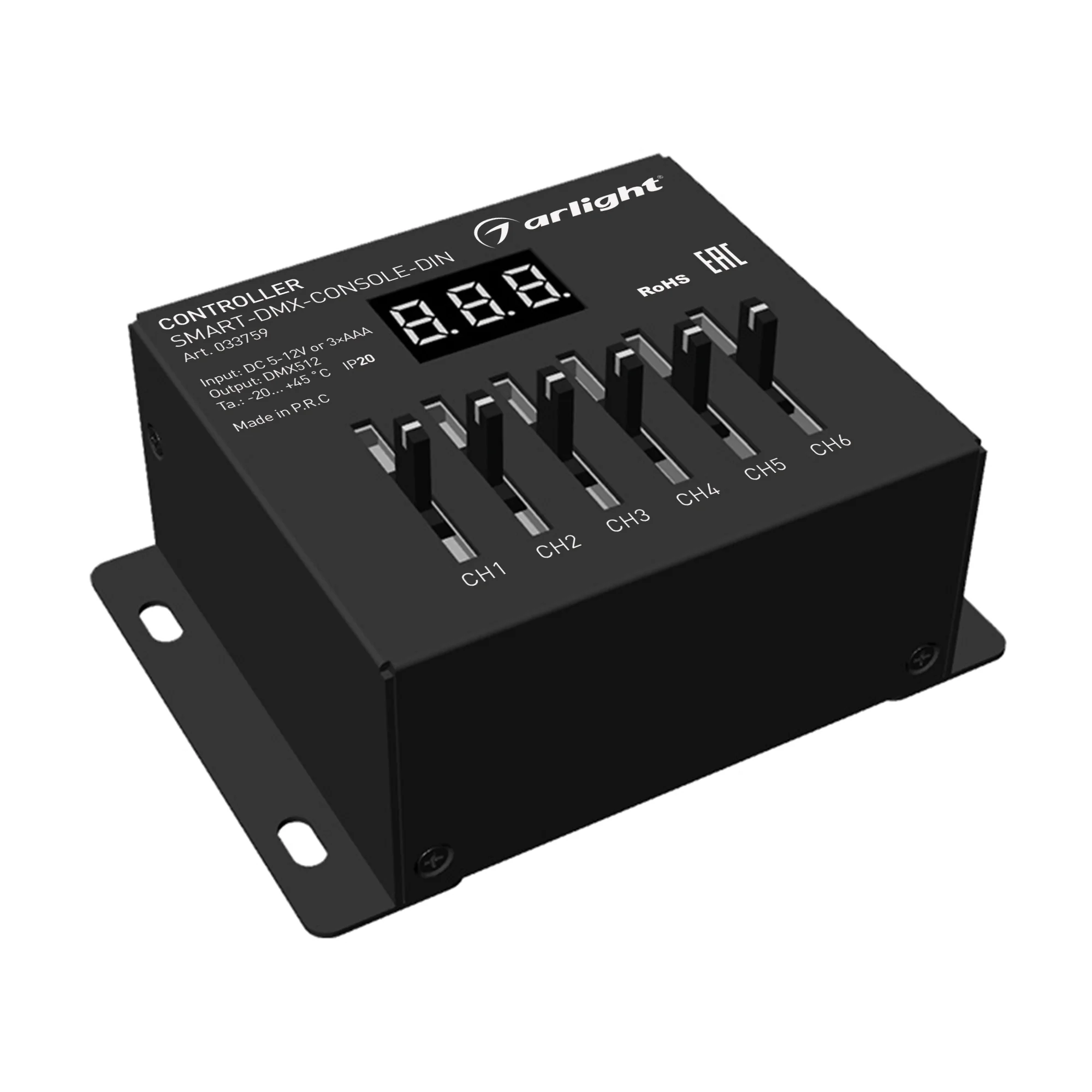 Контроллер SMART-DMX-CONSOLE-DIN (5-12V, 6CH, XLR3) 033759 - Консольный DMX512 контроллер. Питание DC5-12V либо 3хААА батарейки, выход цифровой сигнал DMX512, 6 каналов управления, терминальные клеммы, XLR3 разъем, цифровой дисплей. Габариты 92х65х38 мм. 