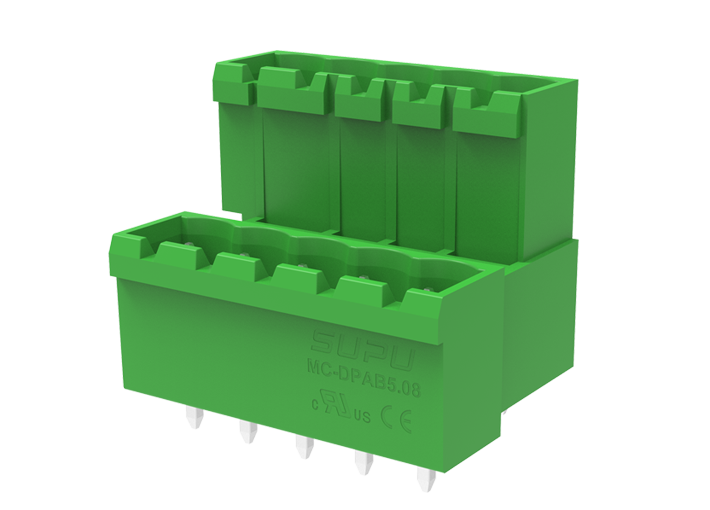 Вилочный разъем на плату MC-DPAB5.08V04-0001 - Вилочный разъем, вертикальный, 2 этажа, на плату, шаг: 5.08 мм, 04х2 полюса, фиксация на плате пайкой, исполнение: стандартное, 160V, 8A, цвет: зеленый Вилочный разъем на плату MC-DPAB5.08V04-0001 - Вилочный разъем, вертикальный, 2 этажа, на плату, шаг: 5.08 мм, 04х2 полюса, фиксация на плате пайкой, исполнение: стандартное, 160V, 8A, цвет: зеленый