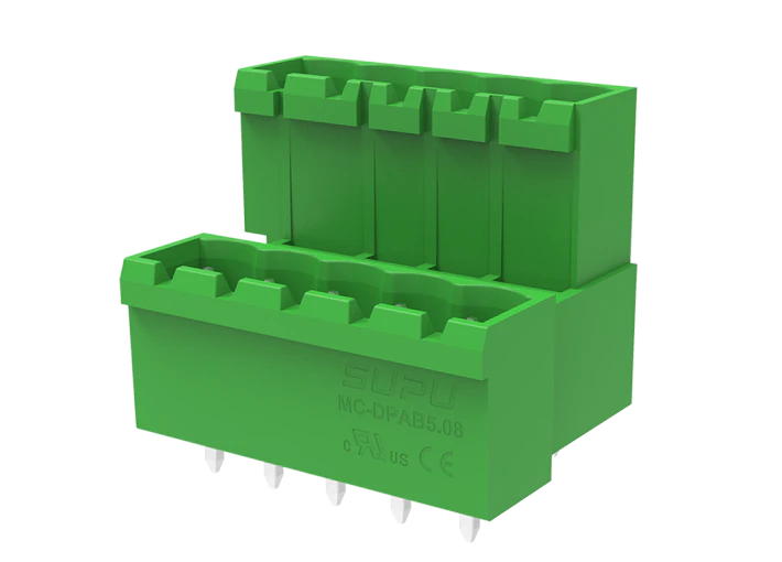 Вилочный разъем на плату MC-DPAB5.08V04-0001 - Вилочный разъем, вертикальный, 2 этажа, на плату, шаг: 5.08 мм, 04х2 полюса, фиксация на плате пайкой, исполнение: стандартное, 160V, 8A, цвет: зеленый