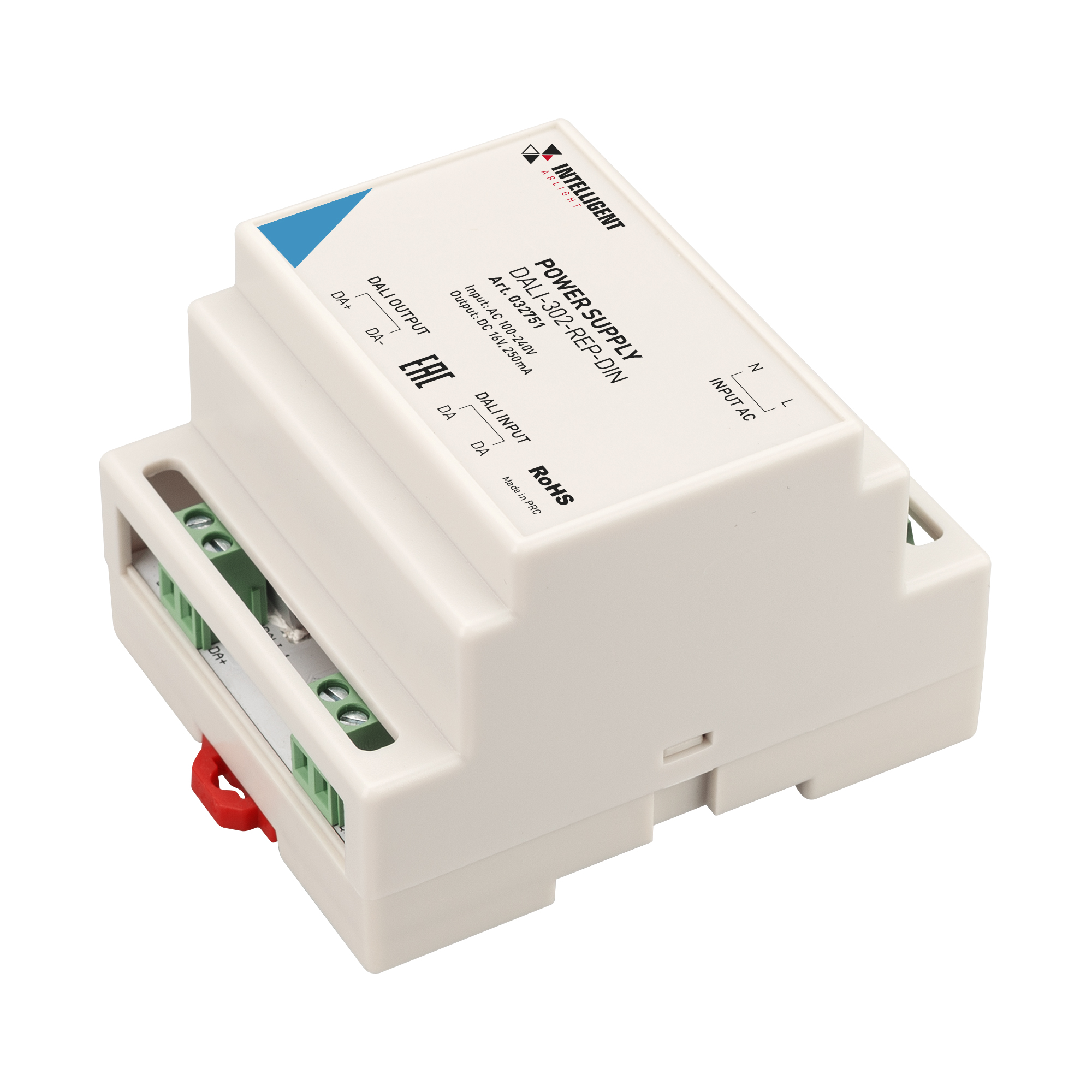 INTELLIGENT ARLIGHT Блок питания шины DALI-302-REP-DIN (230V, 250mA) 032751 - Источник питания шины DALI с функционалом репитера (усилителя) сигнала DALI, служит для увеличения длины линии DALI дополнительно до 300 м. и "прозрачен" для команд DALI в обе с