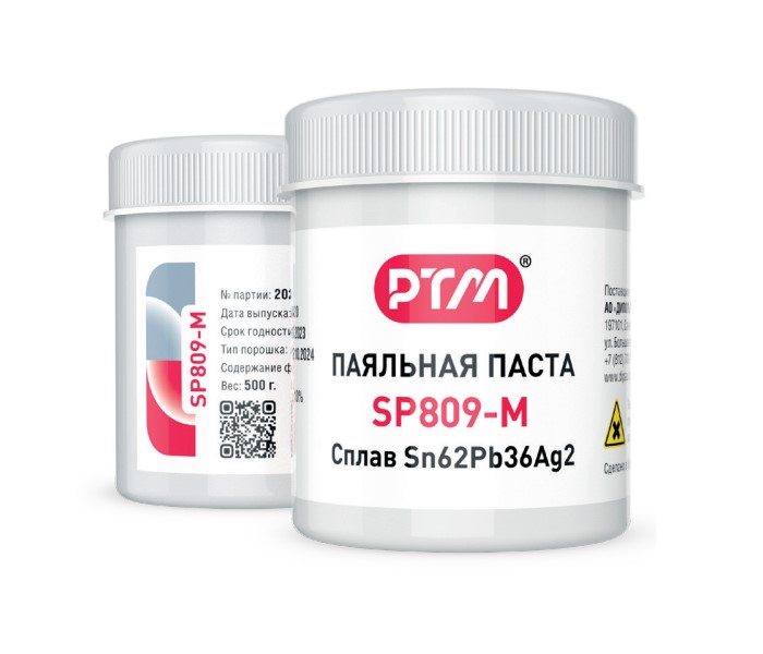 Паяльная паста свинцовая SP809-M - тип 4, сплав Sn62Pb36Ag2, размер частиц 20~38мкм, флюс ROL0, банка 500гр. срок хранения 9 мес.