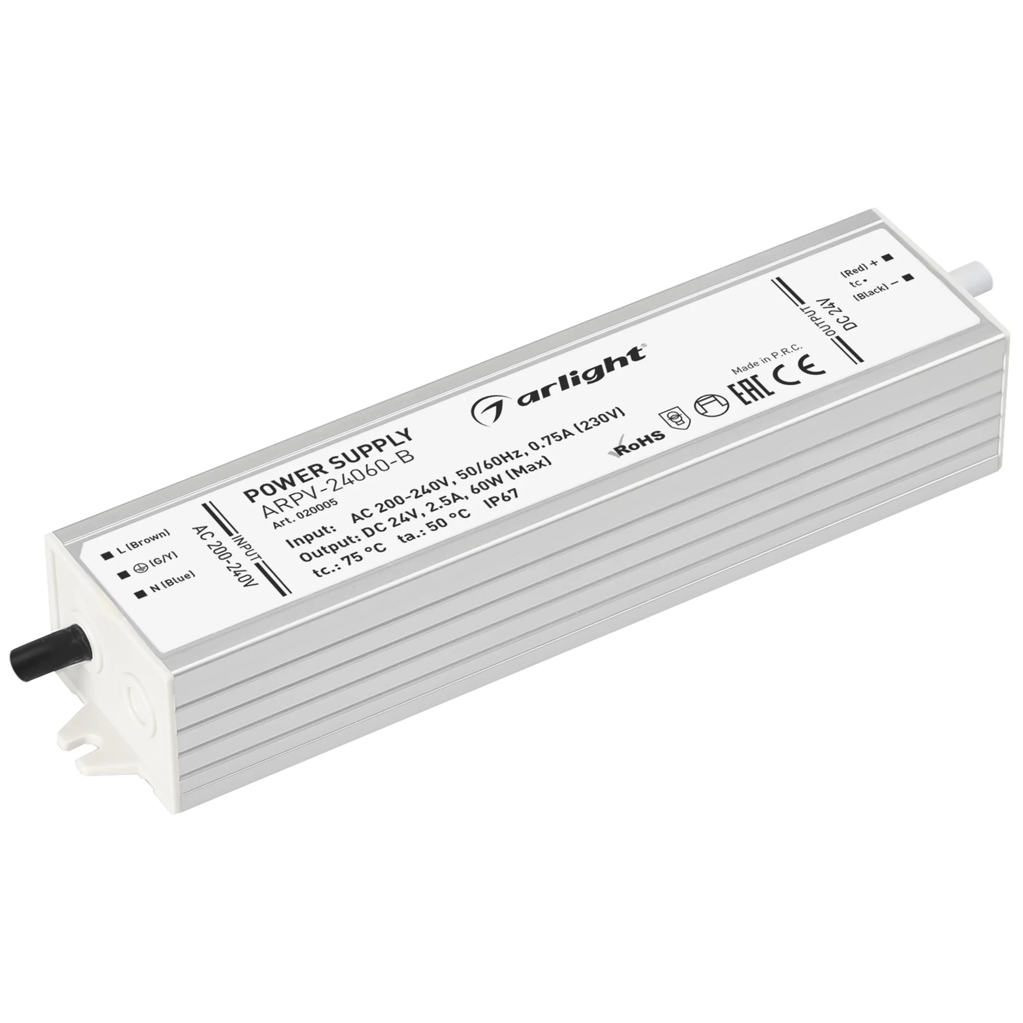 Блок питания ARPV-24060-B (24V, 2.5A, 60W) 020005 - Источник напряжения с гальванической развязкой для светодиодных изделий. Входное напряжение 200-240 VAC. Выходные параметры: 24 В, 2,5 А, 60 Вт. Встроенный PFC >0,5. Герметичный алюминиевый корпус IP 67.