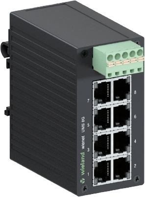Коммутатор WIENET UMS 8G - Коммутатор серии WieNet, неуправляемый, 8 портов RJ45 скорость передачи 10/100/1000 MBit/s, номинальное напряжение: 9-48 VDC, монтаж: на DIN рейку, материал корпуса: алюминий