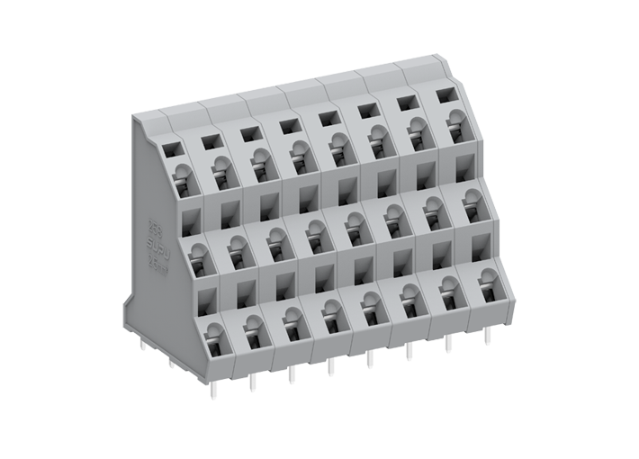 Розеточный разъем на плату 258306 - Клемма, 3 этажа, подвод кабеля 45 град., на плату, шаг: 7.5 мм, 6*3 полюса, фиксация провода пружинная, исполнение: стандартное, 630V, 16A, цвет: серый