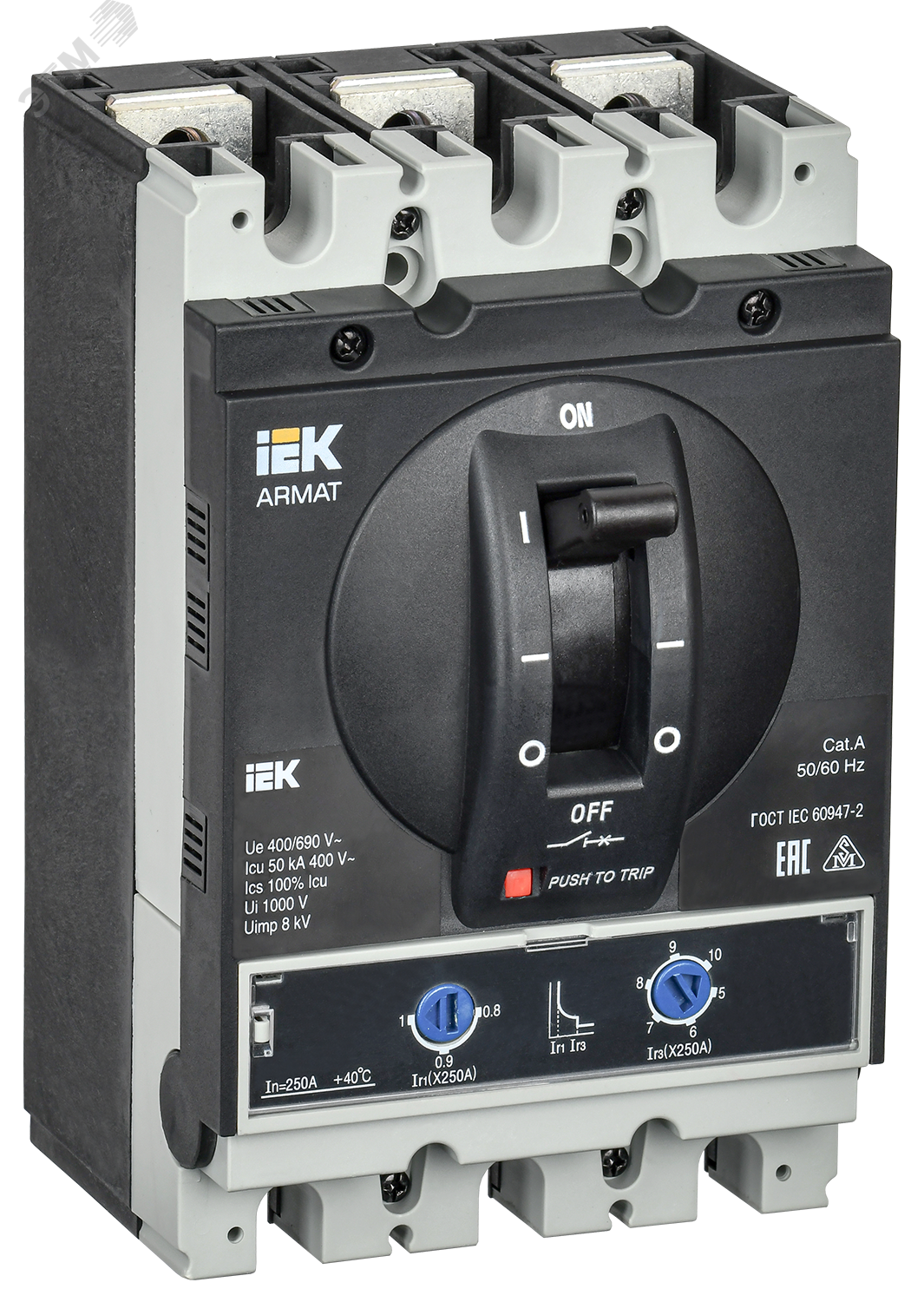 Автоматический выключатель в литом корпусе ARMAT 3P типоразмер G 50кА 250А расцепитель термомагнитный регулируемый AR-MCCB-3G-050-0250A-ATUC