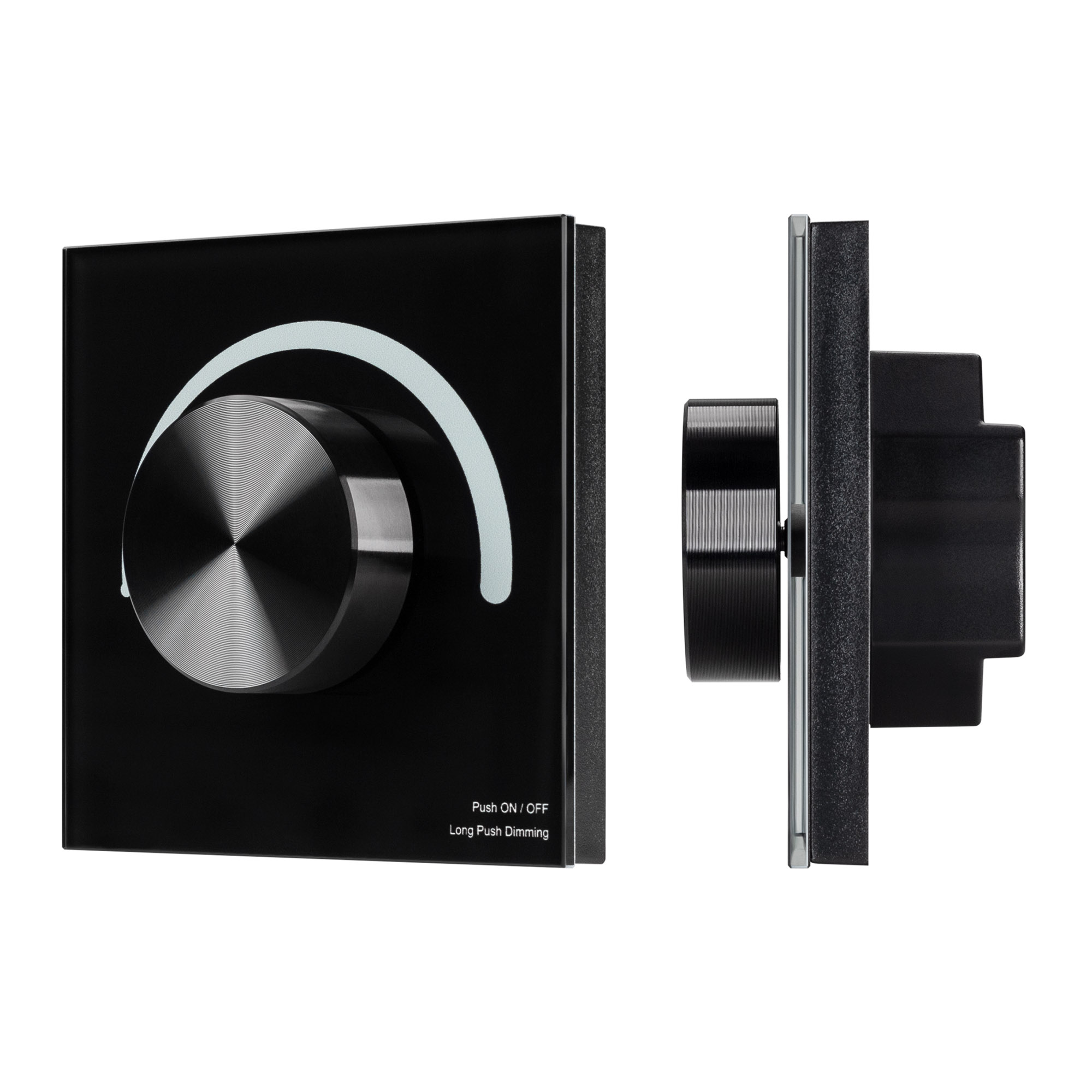 Панель SMART-P91-DIM-G-SUF Black (230V, Rotary, 2.4G) 028425 - Встраиваемая роторная стеклянная панель 2.4 ГГц, цвет чёрный. Для управления яркостью с помощью роторного вращателя. Питание/рабочее напряжение 230AC, 1 зона управления. Функция управления DMX