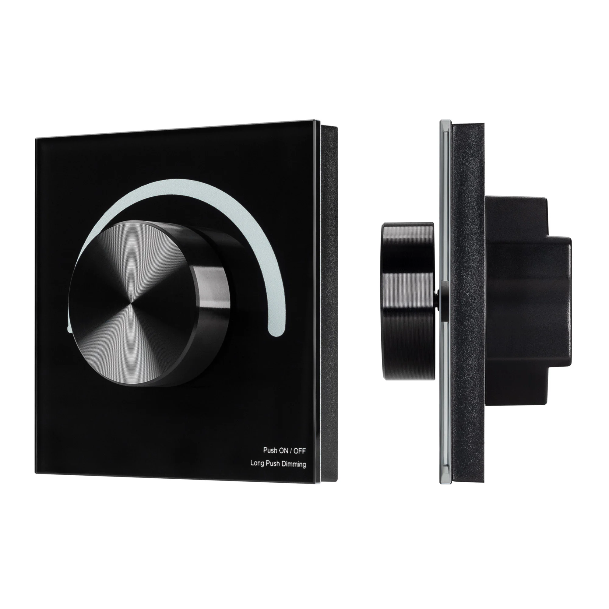 Панель SMART-P1-DIM-G-IN Black (3V, Rotary, 2.4G) 033753 - Встраиваемая роторная панель 2.4 ГГц, цвет чёрный. Материал - стекло/пластик. Для управления одноцветными источниками света (ШИМ). Управление яркостью с помощью роторного вращателя. Питание/рабоче