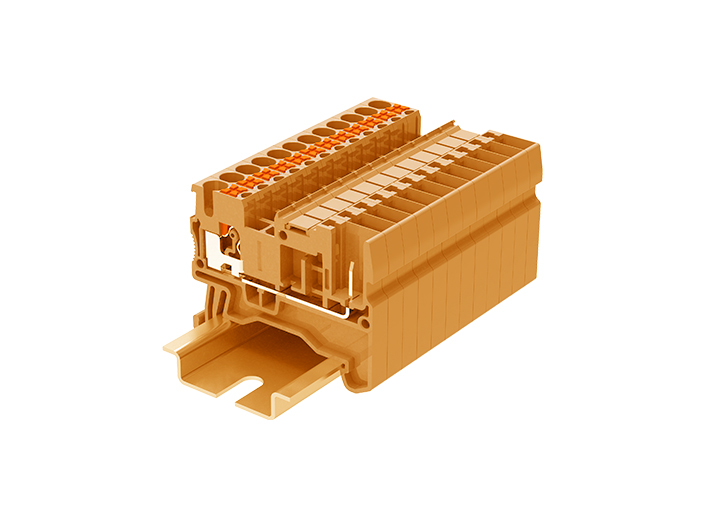 Проходная клемма TP2.5-2-1-OG - Проходная клемма, для подключения разъема, тип фиксации провода: push-in, номинальное сечение: 2,5 мм кв., 24A, 500V, ширина: 5,2 мм, цвет: оранжевый, тип монтажа: DIN 35