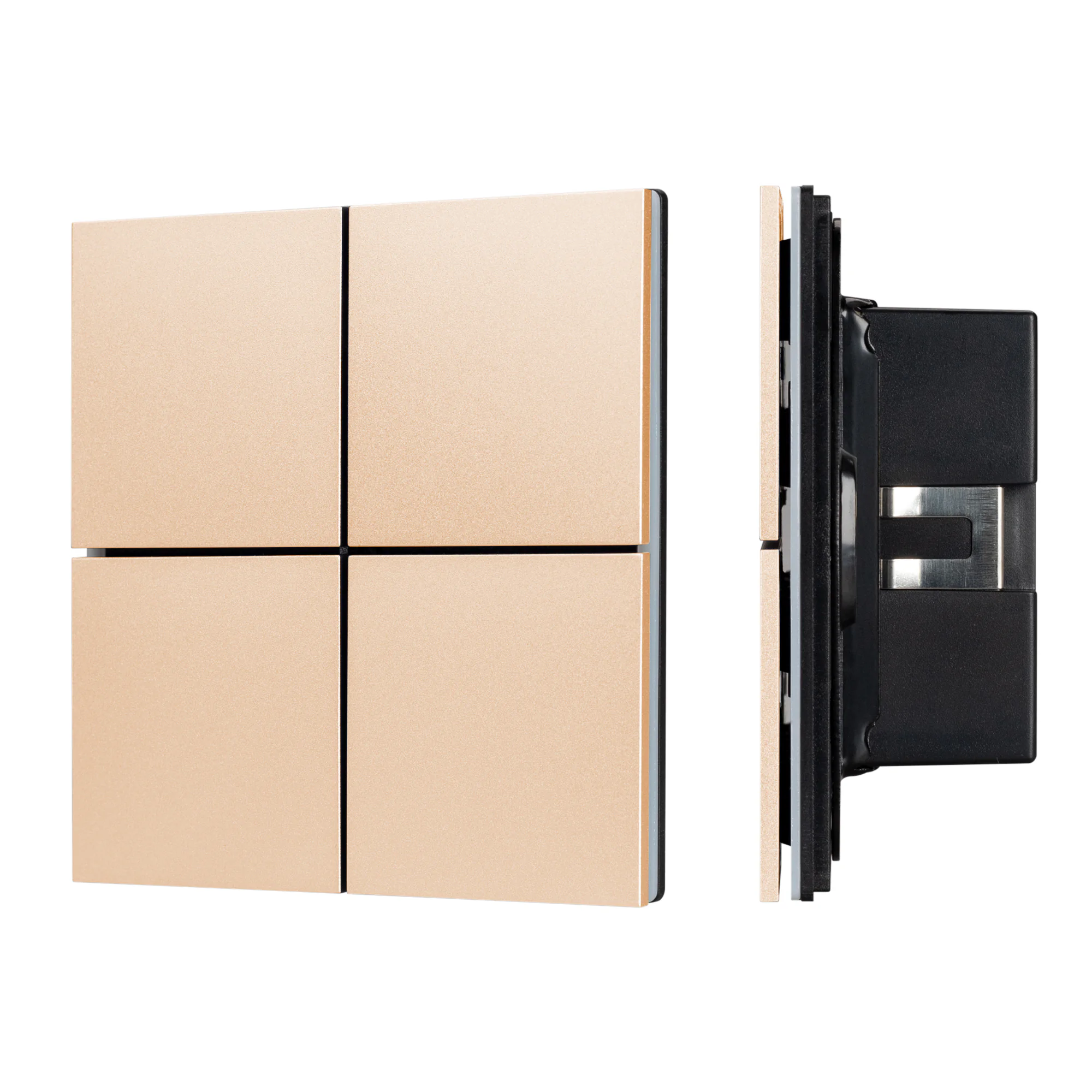 INTELLIGENT ARLIGHT Кнопочная панель KNX-304-23-IN Champagne (BUS, Frameless) 039665 - Универсальная многофункциональная встраиваемая настенная панель для систем KNX. 4 рокерные клавиши, 1 клавиша может выполнять функции 2-х клавиш. Безрамочный корпус, ма