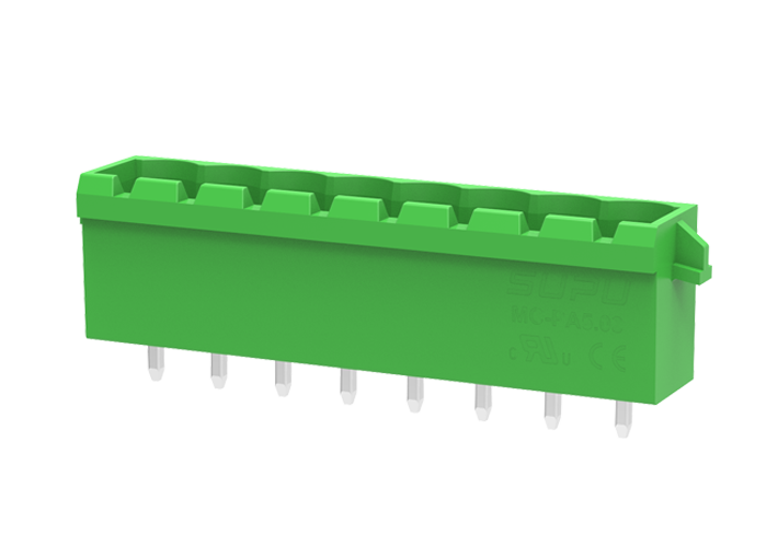 Вилочный разъем на плату MC-PA5.08V05-D-0002 - Вилочный разъем, вертикальный, на плату, шаг: 5.08 мм, 5 полюсов, фиксация на плате пайкой, исполнение: с упорами для защелок, 320V, 18A, цвет: зеленый Вилочный разъем на плату MC-PA5.08V05-D-0002 - Вилочный разъем, вертикальный, на плату, шаг: 5.08 мм, 5 полюсов, фиксация на плате пайкой, исполнение: с упорами для защелок, 320V, 18A, цвет: зеленый