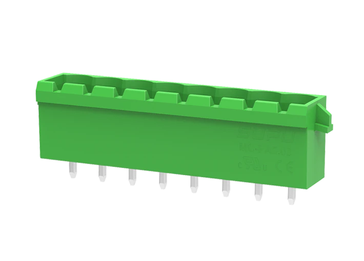 Вилочный разъем на плату MC-PA5.08V19-D-0002 - Вилочный разъем, вертикальный, на плату, шаг: 5.08 мм, 19 полюсов, фиксация на плате пайкой, исполнение: с упорами для защелок, 320V, 18A, цвет: зеленый