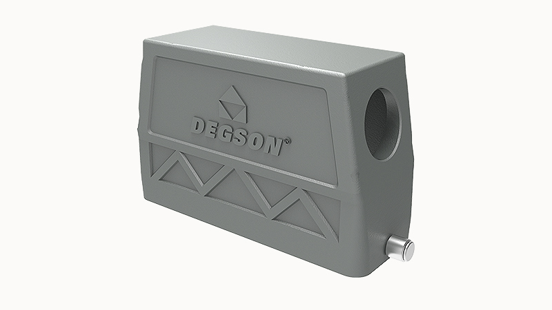 Крышка разъема D24B-SEH-2g-PG29 - Крышка разъема на кабель, типоразмер 24B, высокое исполнение, без уплотнителя, 1 отверстие с резьбой для кабельных вводов PG29, с боковым расположением, без защелки (упоры под одну защелку), материал корпуса: алюминиевый 
